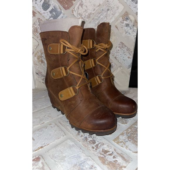Sorel Joan of Arctic II Brown Leather Lace Up Wedge Heel Booties Women Size 6 - Picture 1 of 8